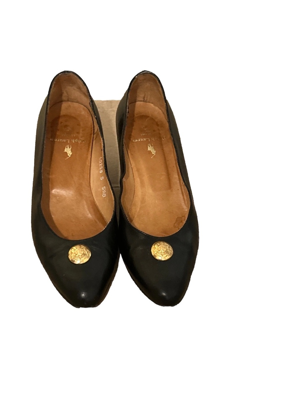 Ralph Lauren Women Black Leather Pumps with Gold Medallion & Block Heels Sz 5.5B